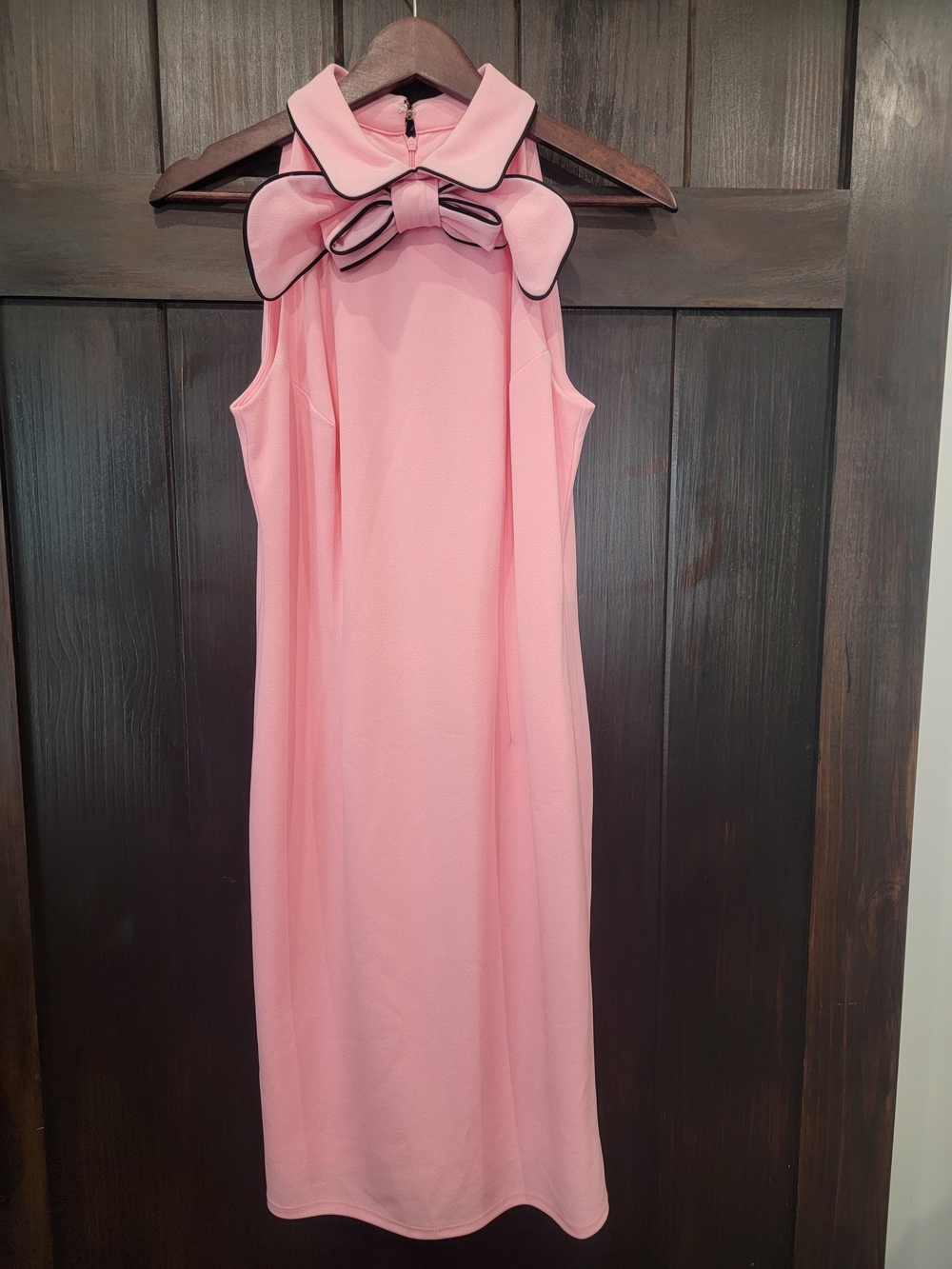 New York & Company Pink Sleeveless Midi Dress with Bow Collar and Black Trim